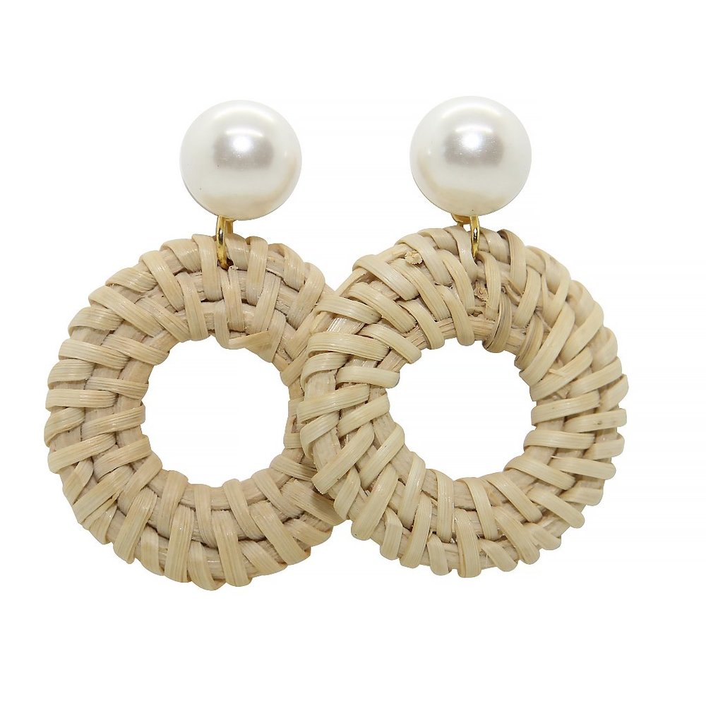 Pearl Stud Earrings with Rattan Circle